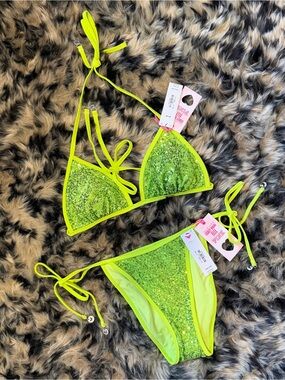VS PINK Swim Sequin Green Triangle Tie Bikini | M Top S Bottom